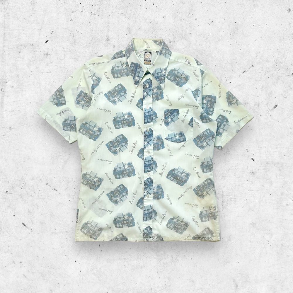 Vtg 70s JP2 Bardon All Over Print Bar & Pub Shirt, Lord Nelson, Chelsea Potter L
